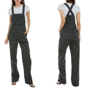 New WeWoreWhat Black Watercolor Ditsy Floral Slouchy Slit Overalls Size XS